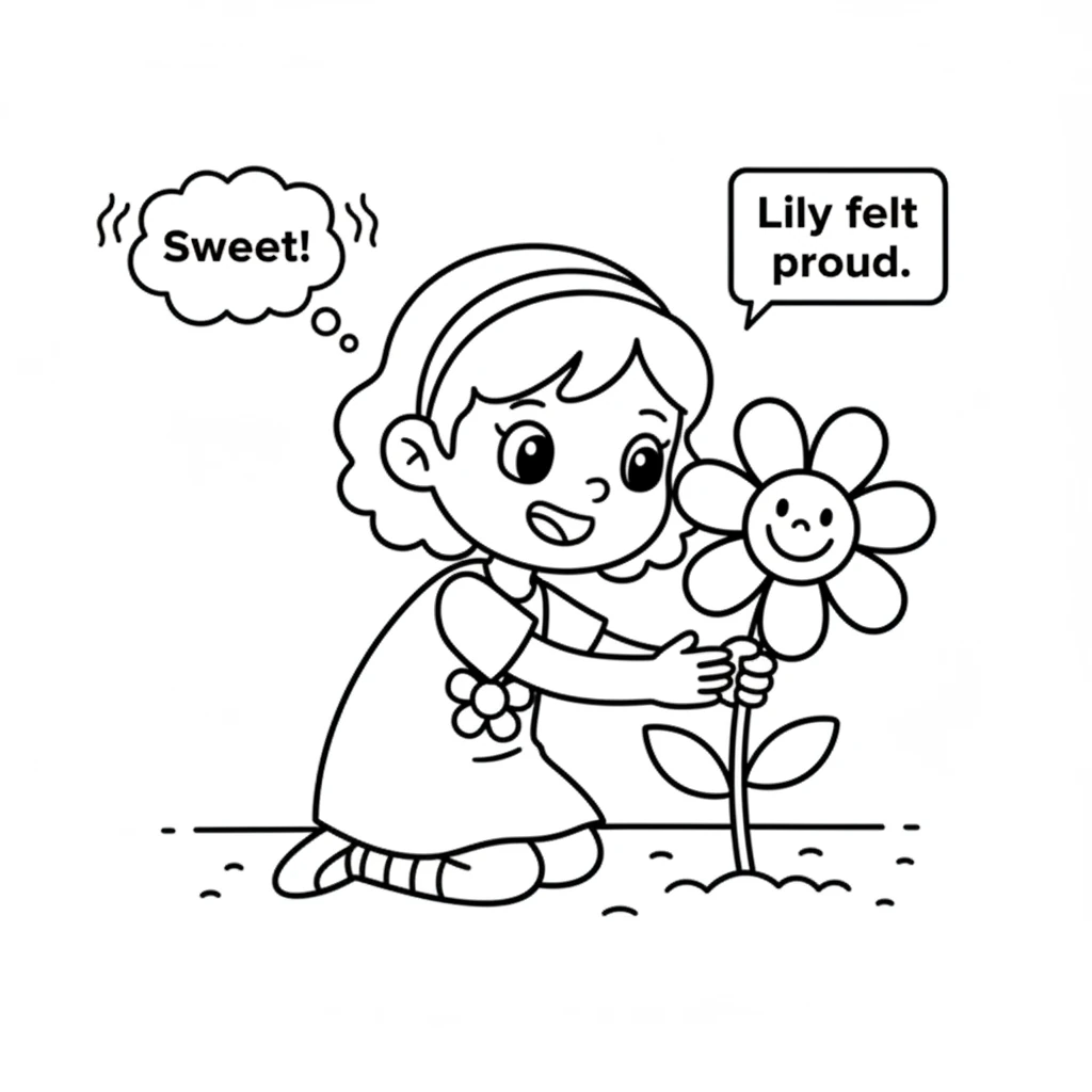 Lily knelt down to admire her beautiful flower. She gently touched a soft petal, feeling so proud of her tiny friend. It smelled sweet and looked so h