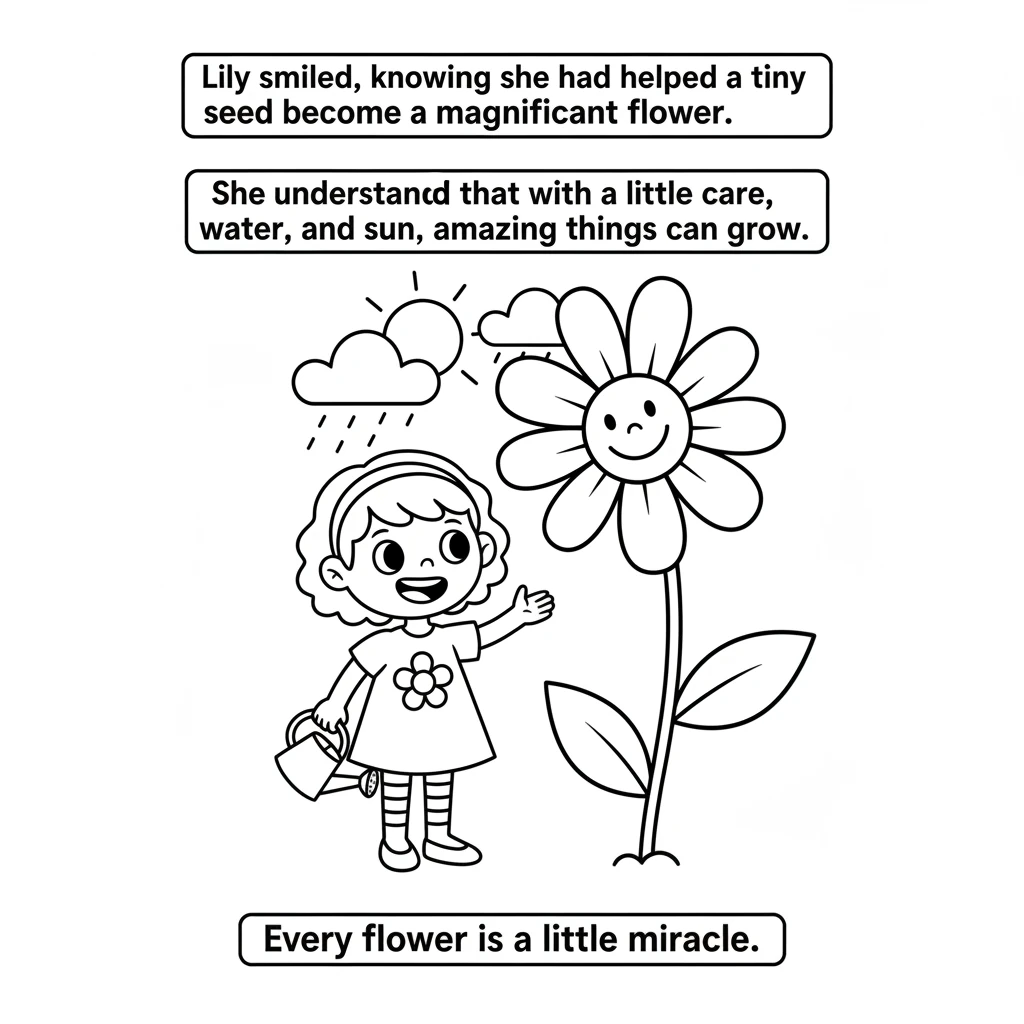 Lily smiled, knowing she had helped a tiny seed become a magnificent flower. She understood that with a little care, water, and sun, amazing things ca