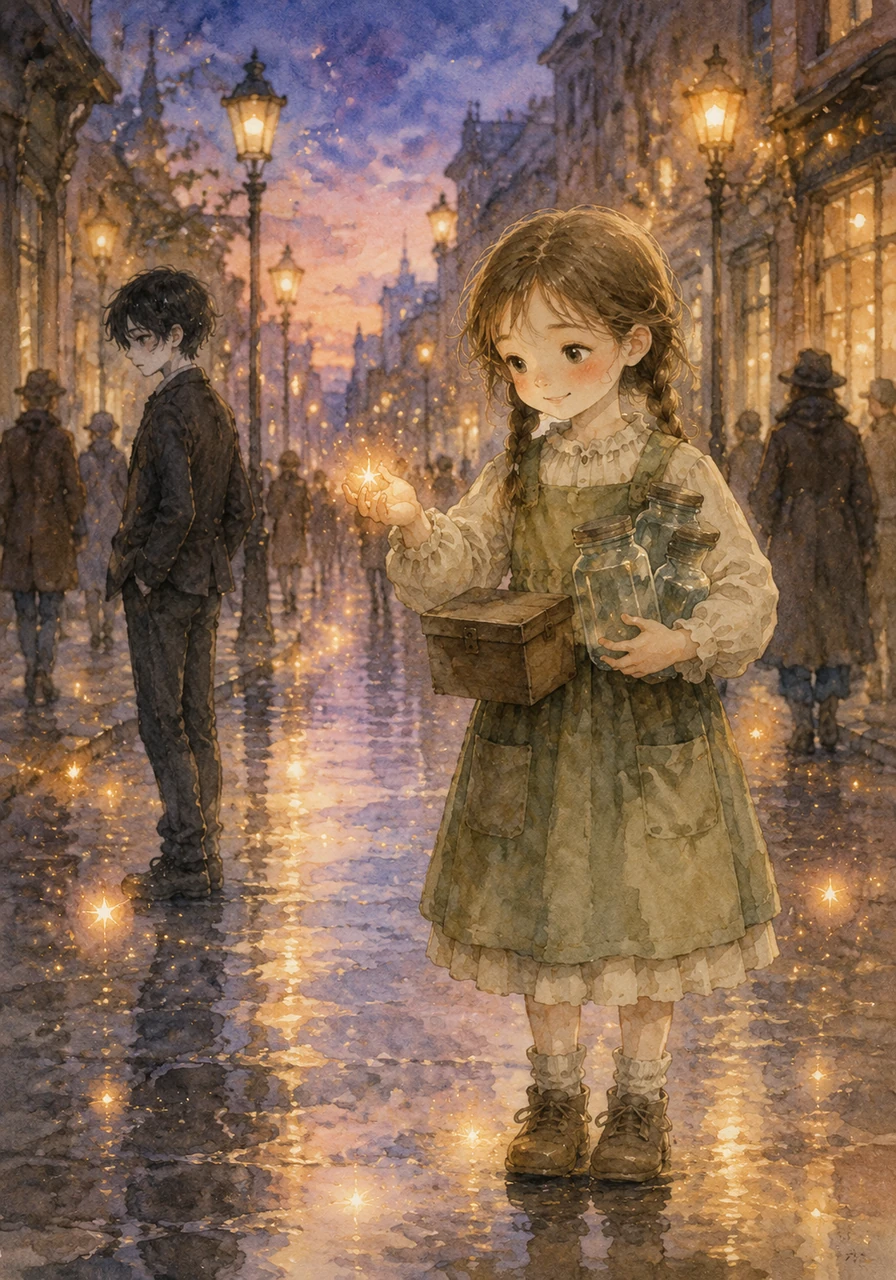 Lina walks through the twilight city with a small wooden box and empty glass jars, her eyes sparkling with a secret sight. All around her, the world is painted in soft hues, but only she can see the tiny, shimmering sparks of light that people accidentally leave behind in their hurry.