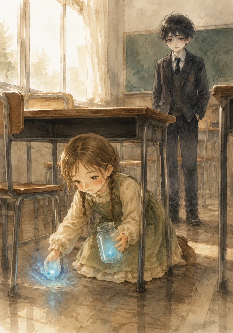 In a quiet classroom after school, Lina kneels under a small wooden desk where a student sat earlier that day. She gently scoops up a flickering, jittery blue light—a forgotten bit of nervousness from a morning math test—and tucks it safely into a jar.