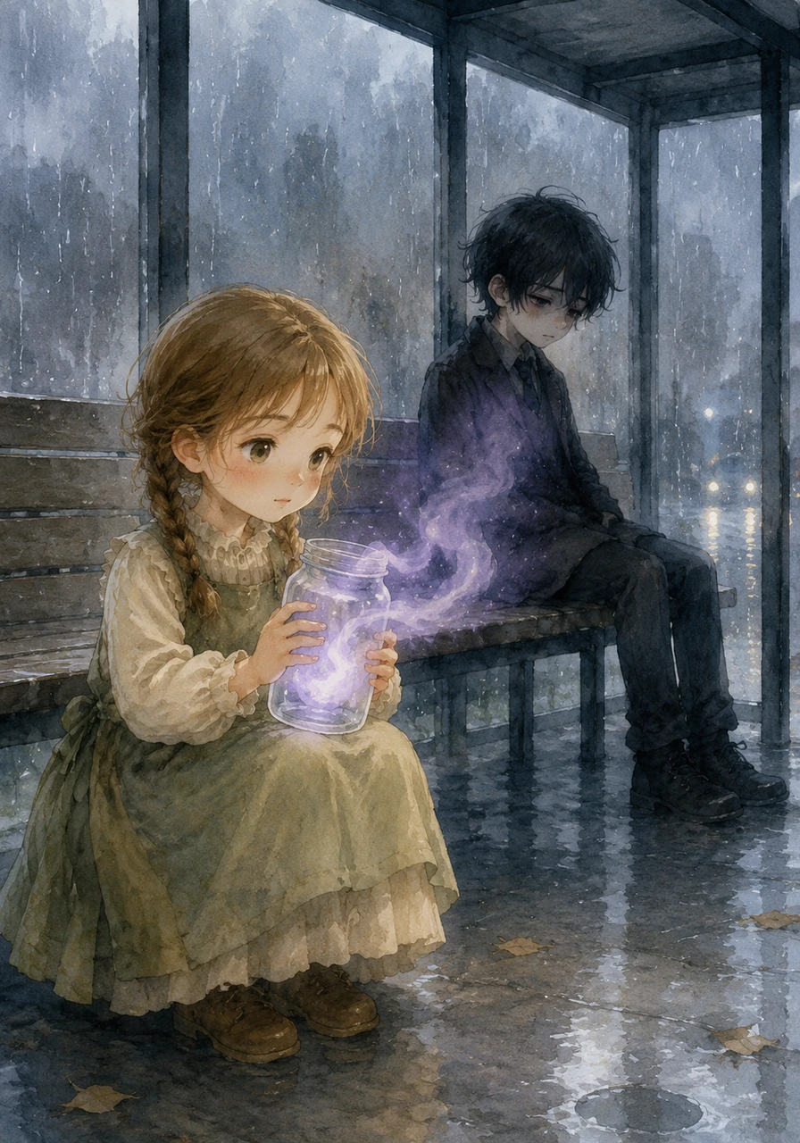 At a cold, rainy bus stop, Lina spots a pale violet glow sitting alone on the damp bench. It is a wisp of loneliness left by a weary traveler, and she carefully captures it, watching it swirl like soft smoke against the glass walls of her container.