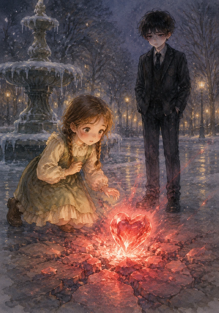One evening near a frozen park fountain, Lina finds a heavy, throbbing crimson light that feels colder than the winter air. It is a boy’s heartbreak, jagged and restless, vibrating with a sorrow so deep that it makes the ground beneath it tremble.
