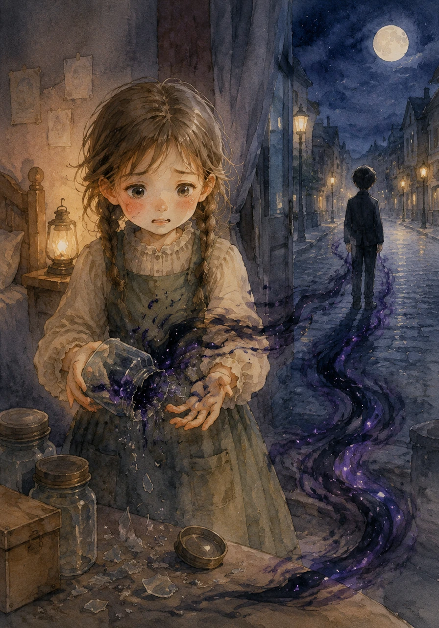 Back in her room, the heartbreak refuses to be contained, cracking the glass jar and slipping through Lina's fingers like liquid shadow. Realizing this feeling is too powerful to be stored, she follows the trail of dark, pulsing light back out into the moonlit streets.