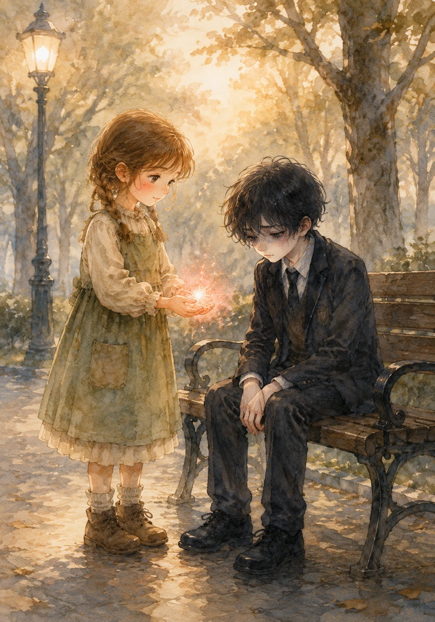 The trail leads her to a boy sitting alone on a park bench, his shoulders slumped and his eyes dull and empty. As Lina approaches, the restless crimson light in her hands begins to glow softer and warmer, recognizing its rightful home in the boy’s chest.
