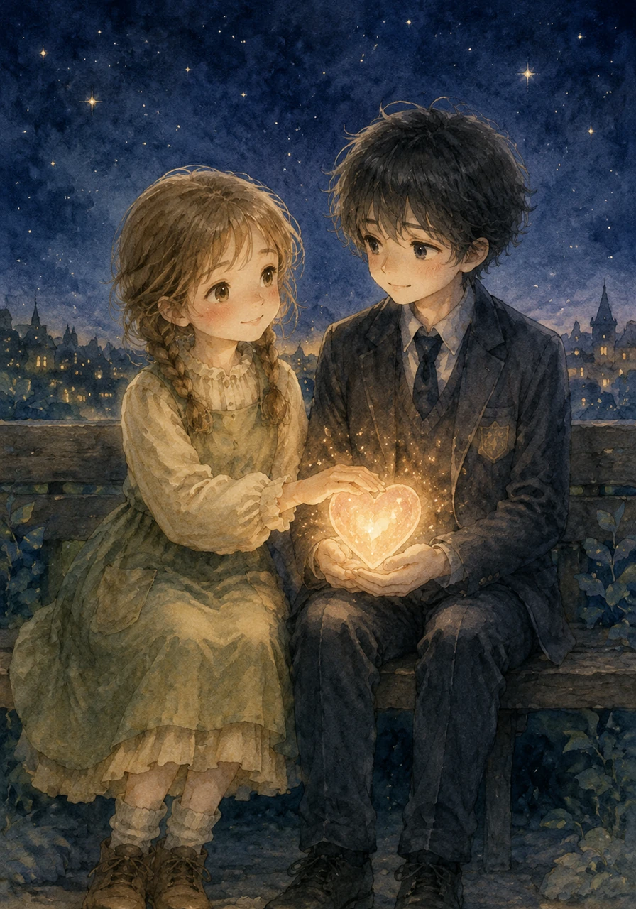 Lina gently places her hand over the boy's, guiding the glowing heartbreak back to him until his eyes regain their light and warmth. As they sit together under the stars, Lina realizes that while some feelings are beautiful to keep, the most important ones are meant to be felt and shared.