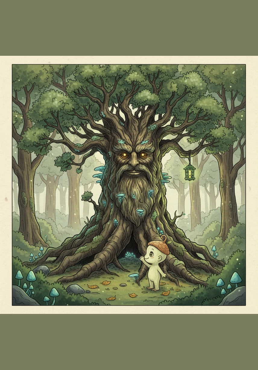 In the heart of a vast, emerald forest, a tiny sapling named Pip lived at the feet of giants. He spent his days looking up at the sky, wishing he could touch the fluffy white clouds that drifted far above his head.