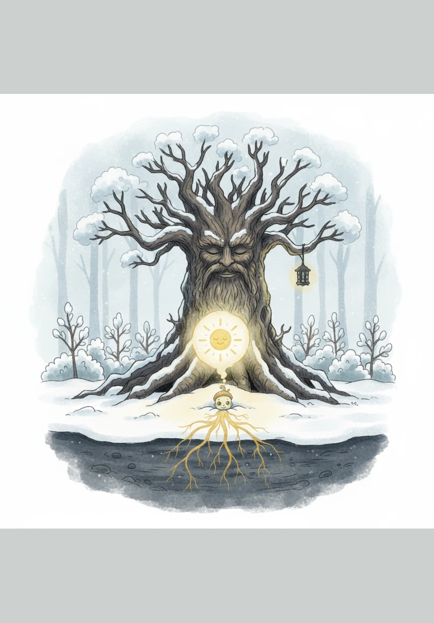 Winter covered the forest in a soft, white blanket of silence, and Pip went to sleep beneath the snow. He dreamed of the sun, feeling his roots grow stronger and deeper in the quiet, frozen earth.
