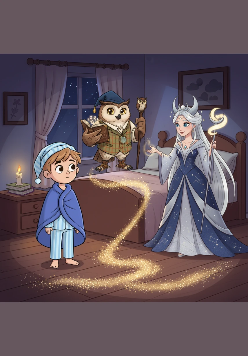 Suddenly, a ribbon of shimmering stardust spilled across his bedroom floor, glowing with a soft, blue light. Oliver stepped onto the sparkling path and felt a gentle warmth beneath his feet as it pulsed with magic.