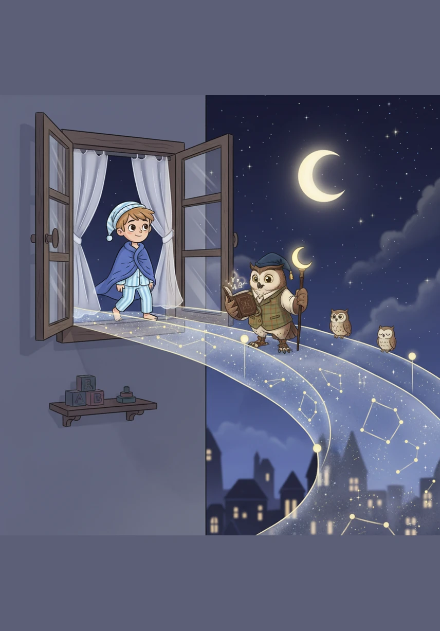 The path led him right through his open window and onto a bridge made of fluffy, white clouds. High above the sleeping world, Oliver walked among the rooftops, feeling as light as a feather in the cool night air.