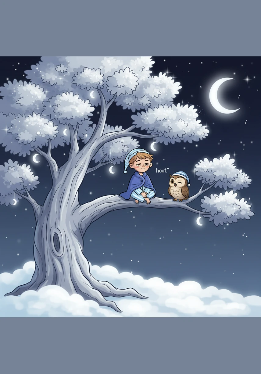 In the branches of a giant silver oak tree that grew from a cloud, he met a wise owl named Barnaby who wore a tiny, striped nightcap. Barnaby blinked his large, golden eyes and greeted Oliver with a friendly, low hoot.