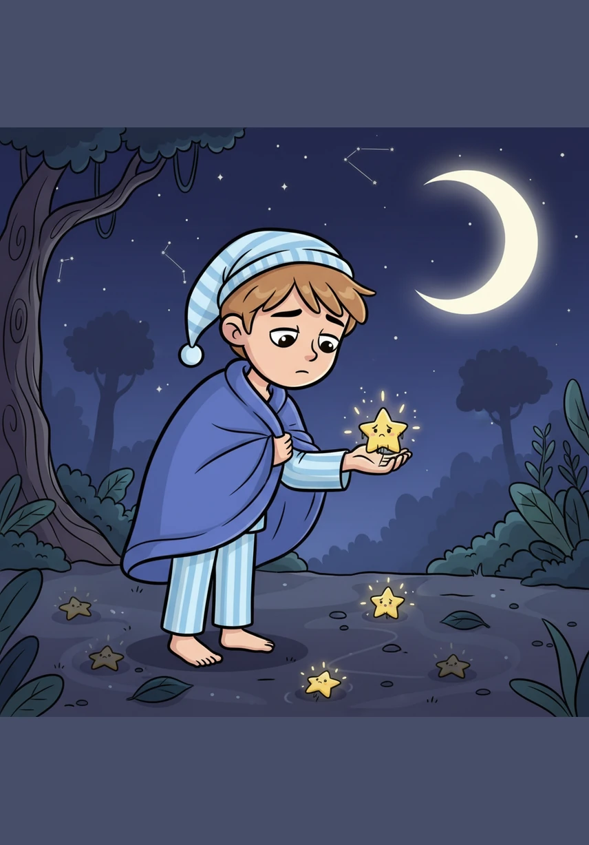 A tiny star had fallen from its place and sat shivering on a giant dandelion puff. Oliver carefully picked up the little light and, with Barnaby's help, placed it back into its home among the Big Dipper.