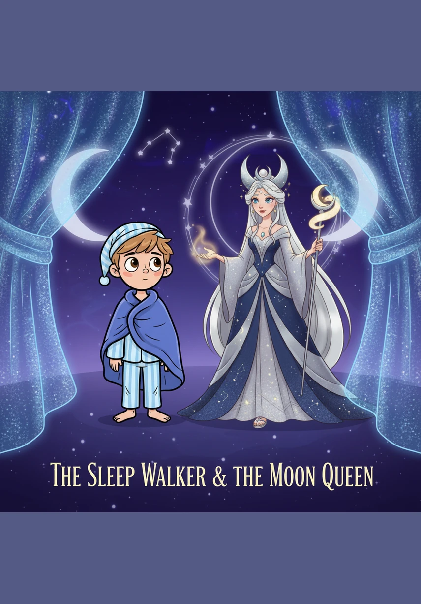 The Moon Queen appeared from behind a curtain of aurora lights, draped in a gown made of pure starlight. She thanked Oliver for his kindness and wrapped a soft, velvet blanket around his shoulders that felt like a warm hug.