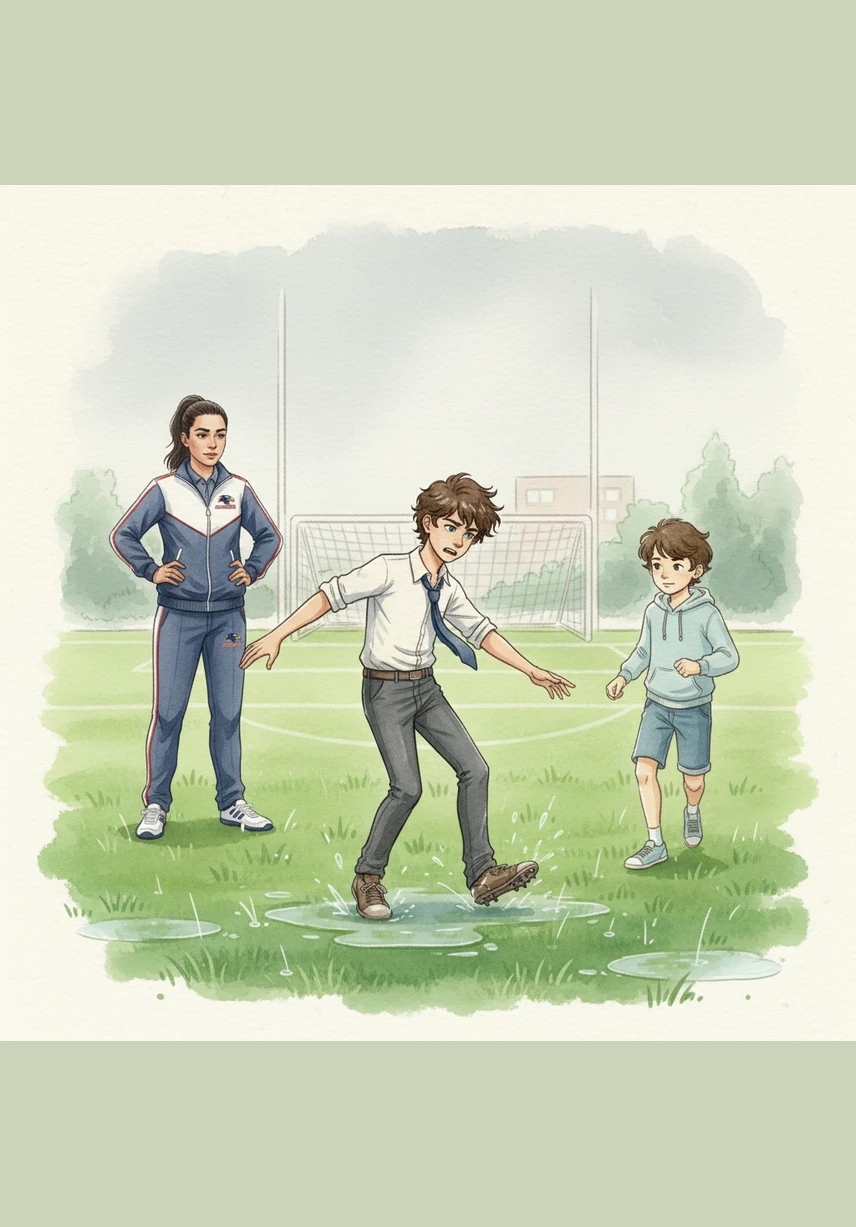 At the soccer field, the grass was slick and shimmering with leftover rainwater from the night before. Marcus felt his cleats slide during warm-ups, making him wonder if the whole day was destined for disaster.
