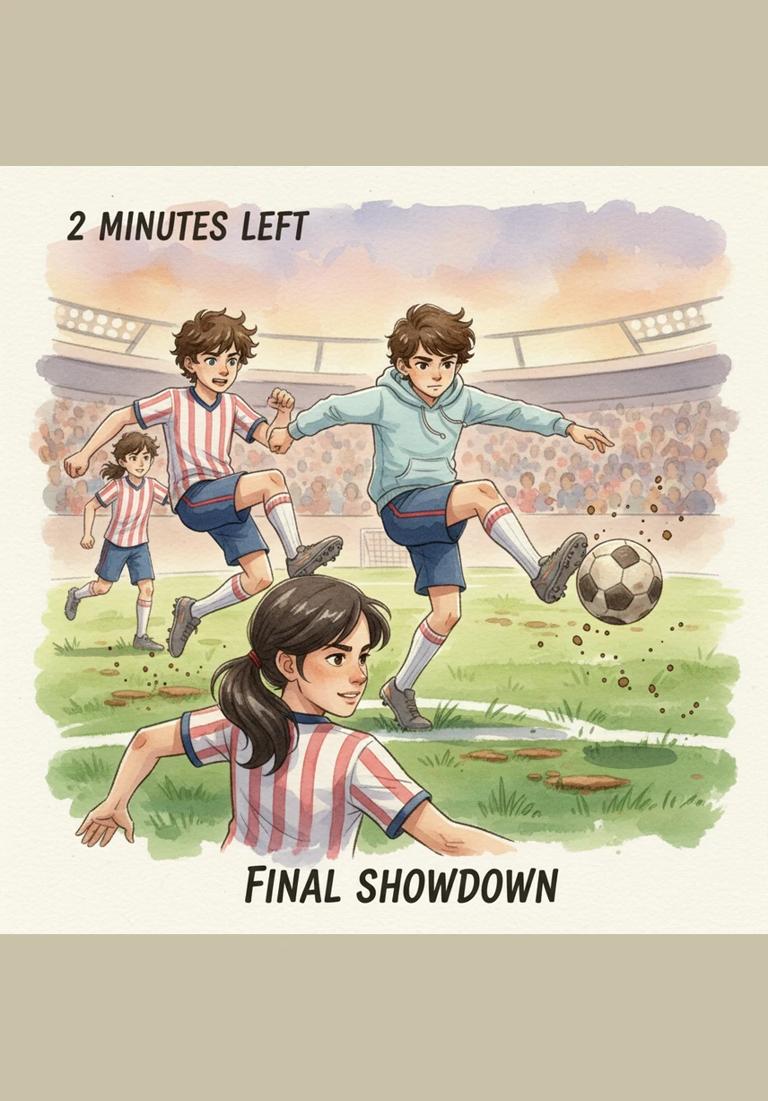 With only two minutes left on the clock, Diego broke away from a defender and spotted Marcus sprinting toward the goal. He sent a perfect, soaring pass that landed right at Marcus's feet.