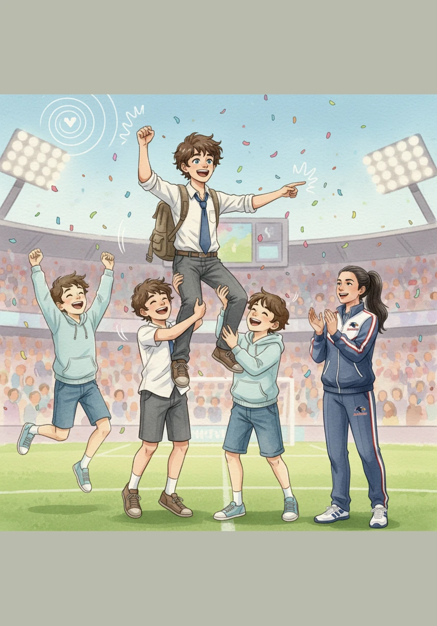 The sound of the final whistle was drowned out by the thunderous cheers of the crowd and his teammates' joyful shouts. Marcus was lifted onto his friends' shoulders, a wide, genuine smile finally breaking across his face.