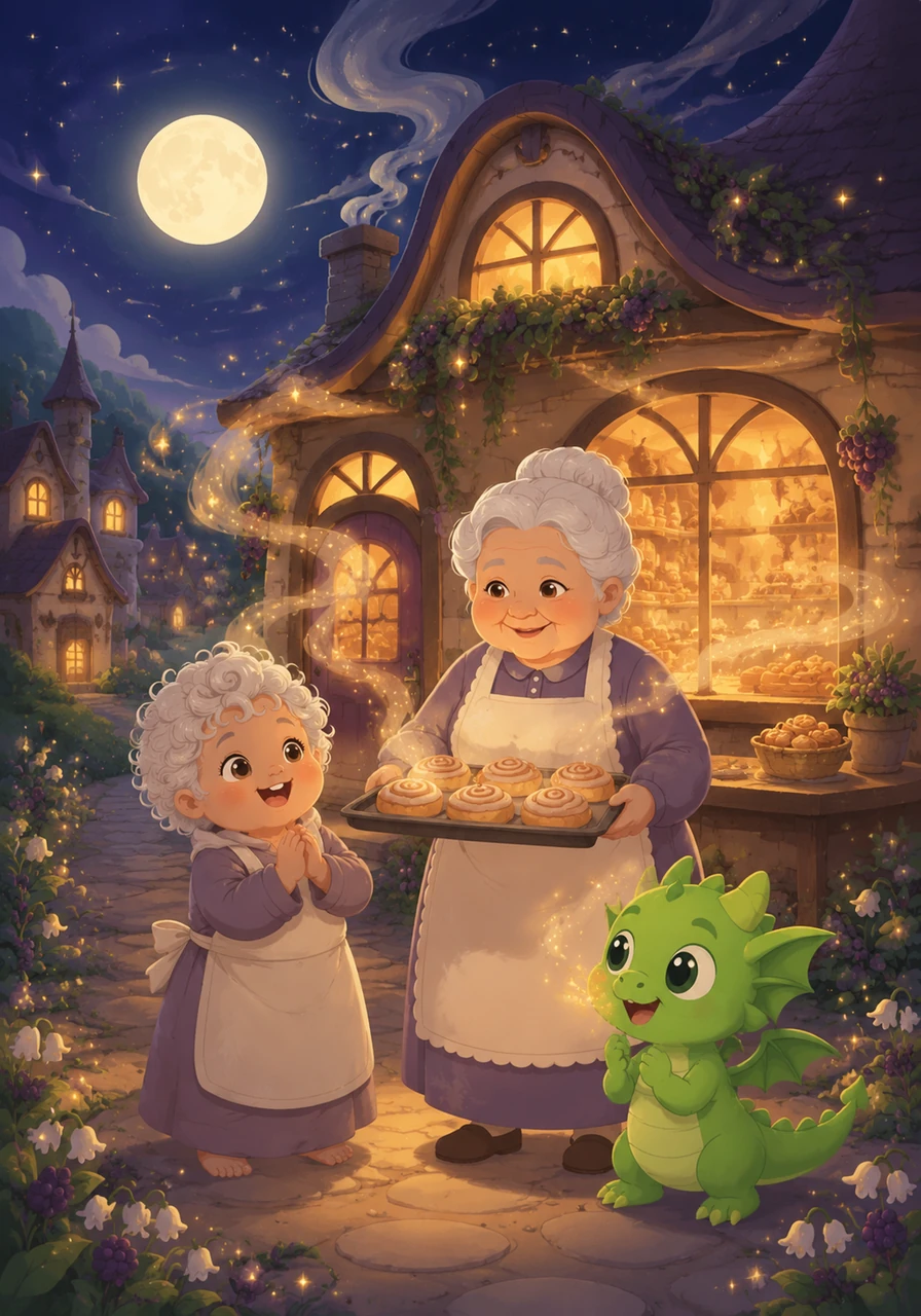 In the heart of Sugarbell Hollow, the Moonberry Bakery glows with soft golden light only when the moon is high. The air outside is thick with the sweet, comforting scent of warm cinnamon buns and stardust.