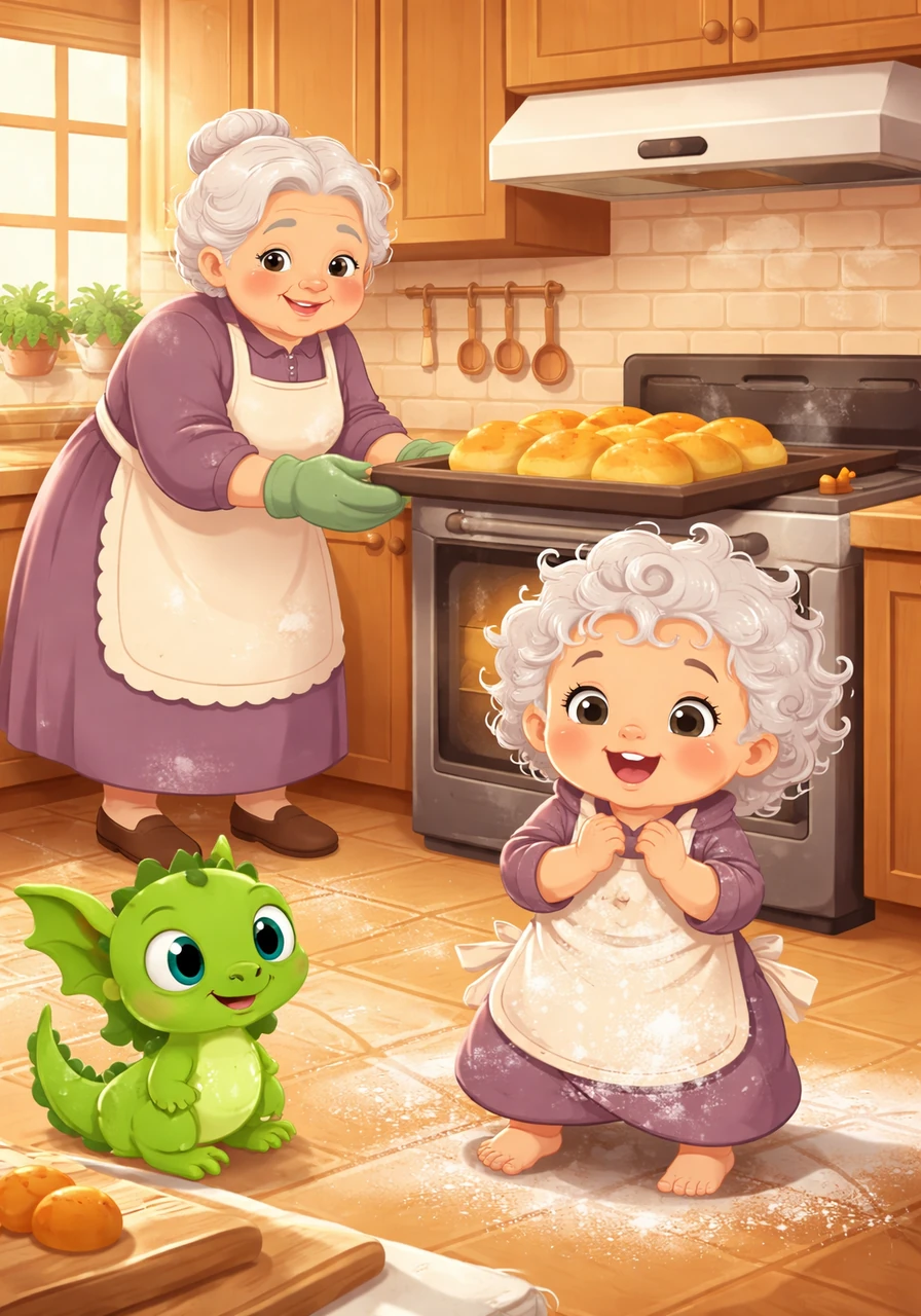 Inside the cozy kitchen, little Pip giggles as she plays with a dusting of flour on her tiny apron. Her curly silver hair bounces as she watches Grandma Crumble pull a tray of perfectly golden bread from the oven.