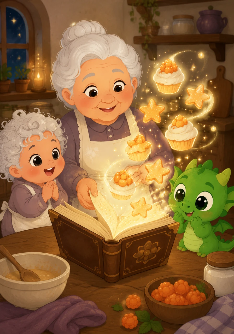 Grandma Crumble opens her most precious possession, a magical recipe book that sparkles with every turn of the page. Glowing illustrations of Cloudberry cupcakes and Star-shaped cookies dance above the parchment.