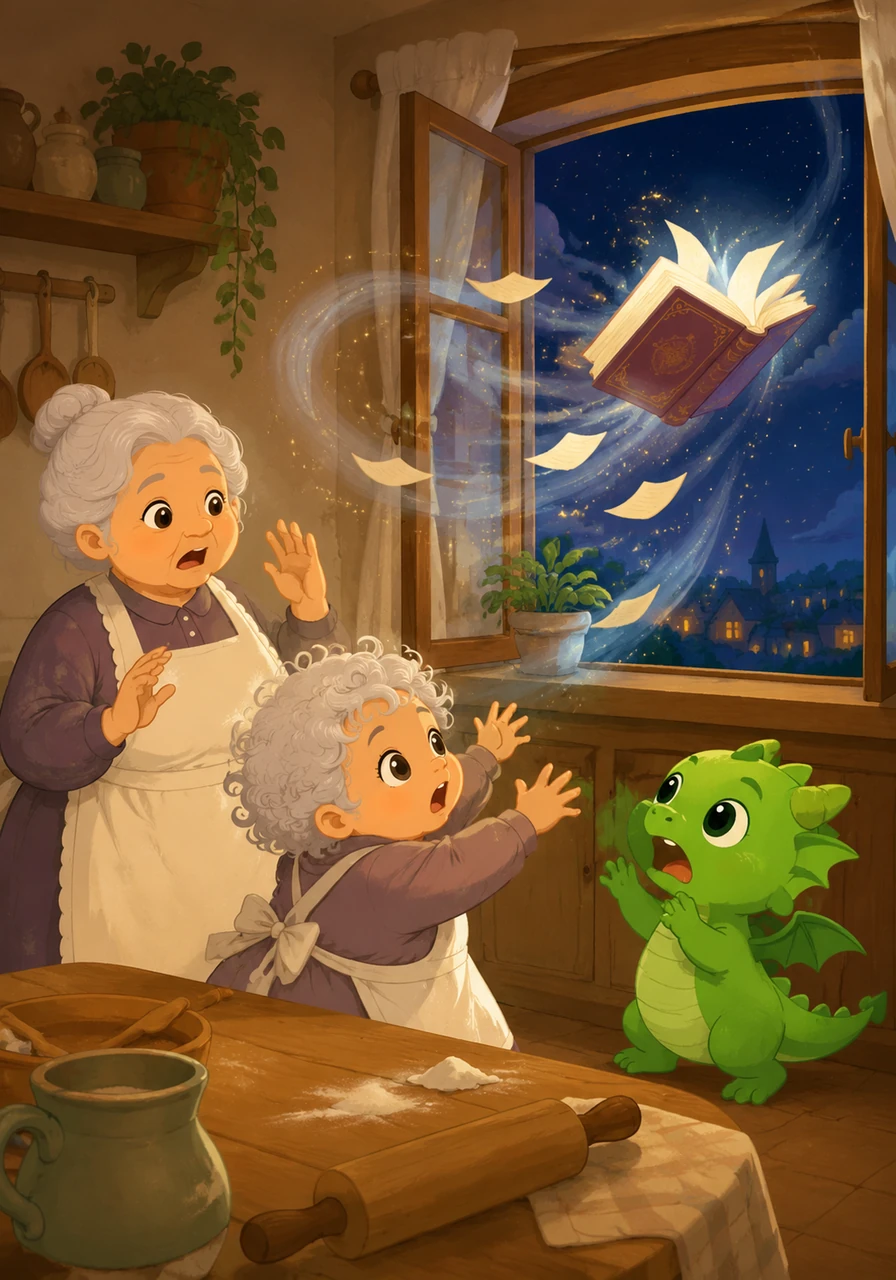 Suddenly, a mischievous gust of wind whistles through the kitchen and catches the magical book. With a flurry of sparkling pages, the book flies right out the window and disappears into the night sky.