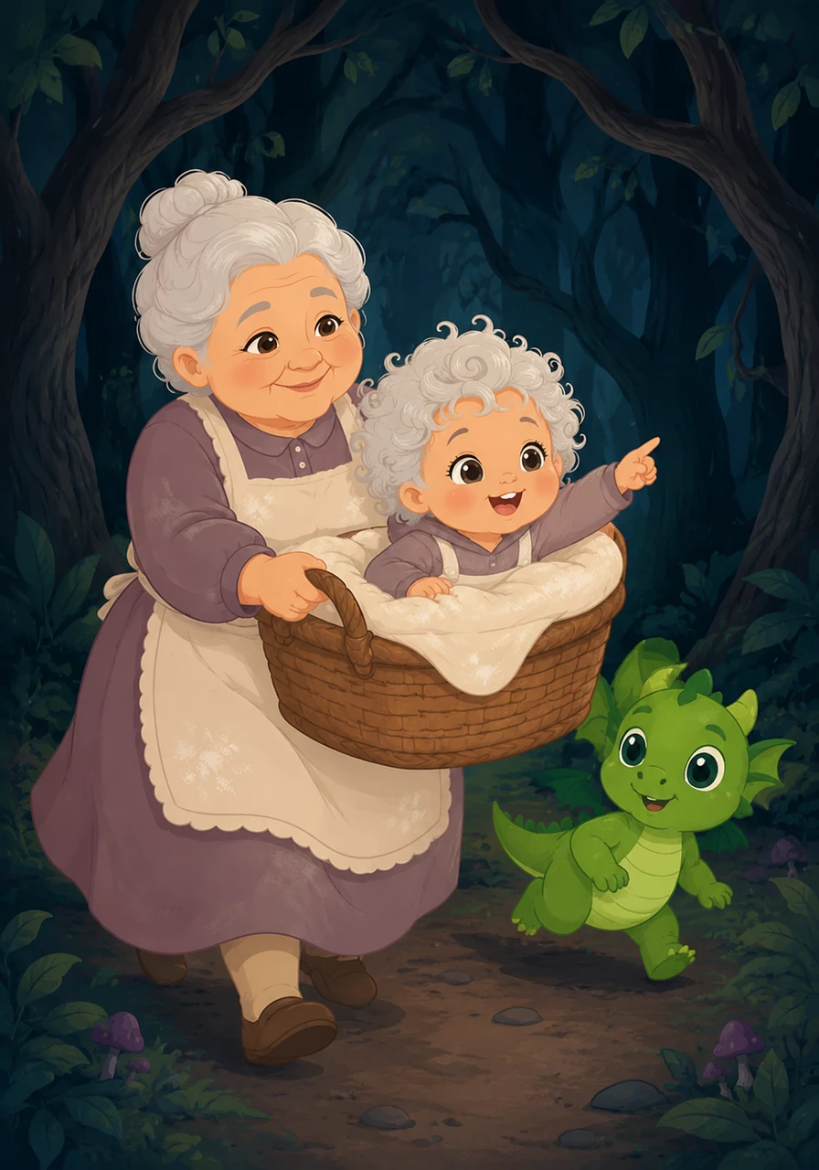 Grandma Crumble tucks Pip into a cozy flour basket and hurries into the dark, swishing trees of the Whispering Woods. The shadows are deep, but Pip points ahead with a brave smile, her eyes wide with wonder.