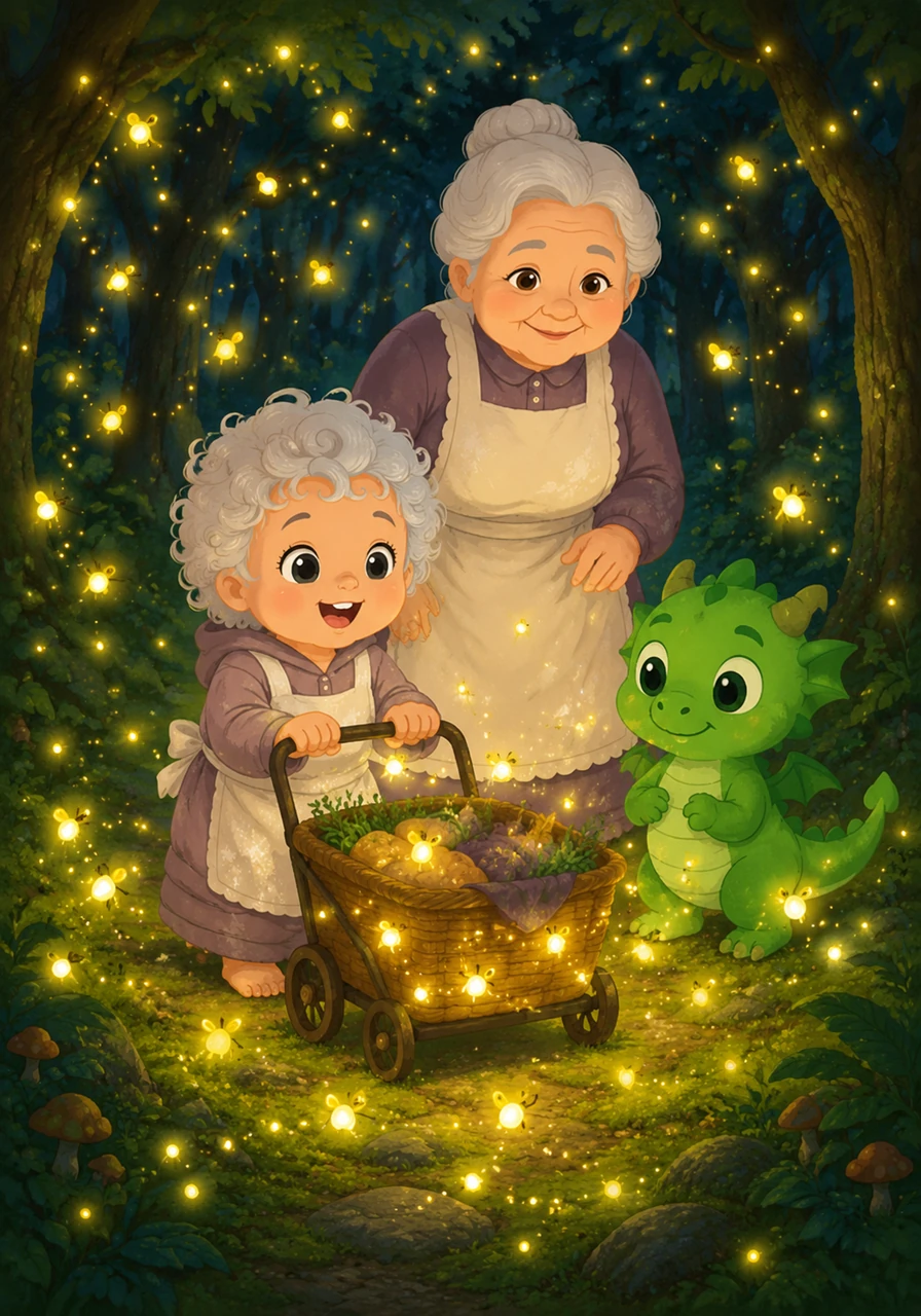 A cloud of glowing fireflies descends from the branches to surround Pip’s rolling basket like tiny, floating lanterns. They light up the mossy forest floor, guiding the pair deeper into the heart of the woods.