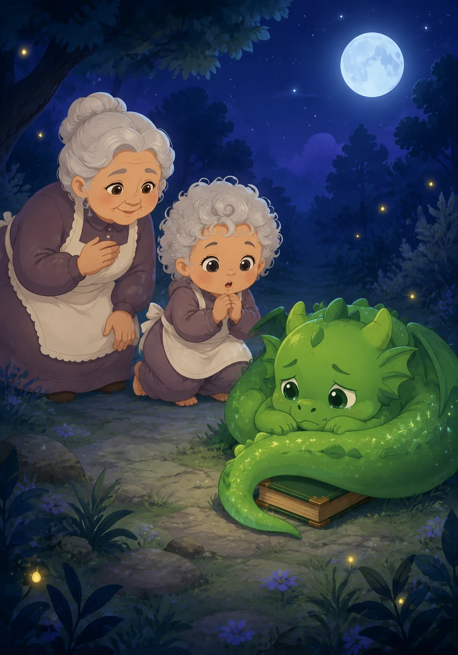 They find the book in a quiet clearing, tucked beneath the emerald-green tail of a tiny, sniffling baby dragon. The little creature looks sad and lonely, its scales shimmering faintly in the moonlight.