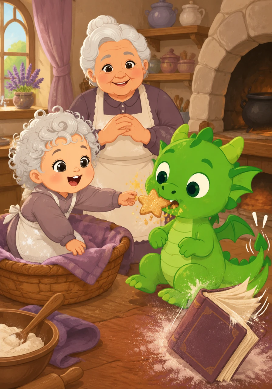 Pip reaches out from her basket and offers the baby dragon her very last star-shaped cookie. The dragon blinks in surprise, takes a happy bite, and wags its tail so hard the recipe book pops free.