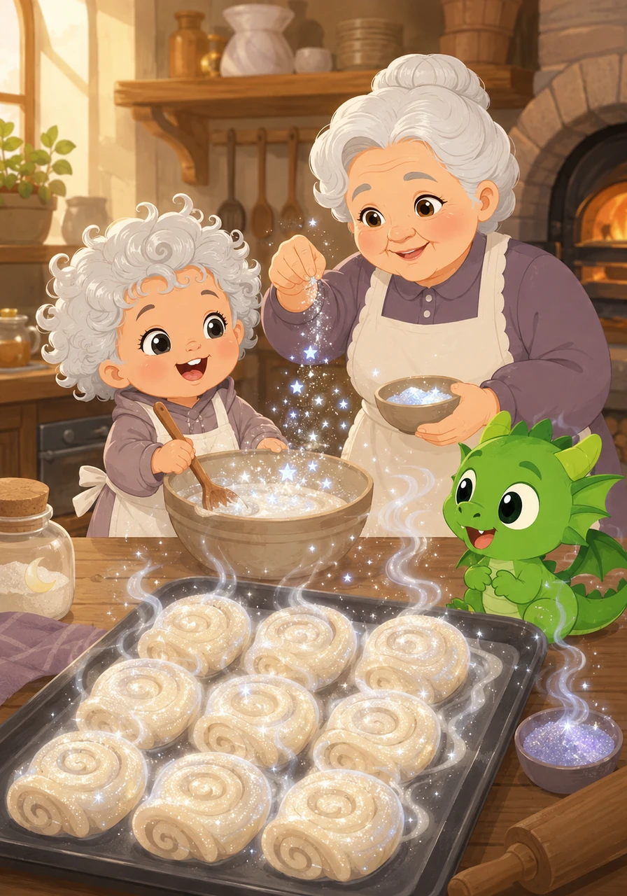 Back in the warm bakery, Grandma and Pip mix moon sugar with a pinch of dragon sparkles to create something new. The kitchen fills with the aroma of Dragon Puff Rolls, which shimmer with silver light as they rise.