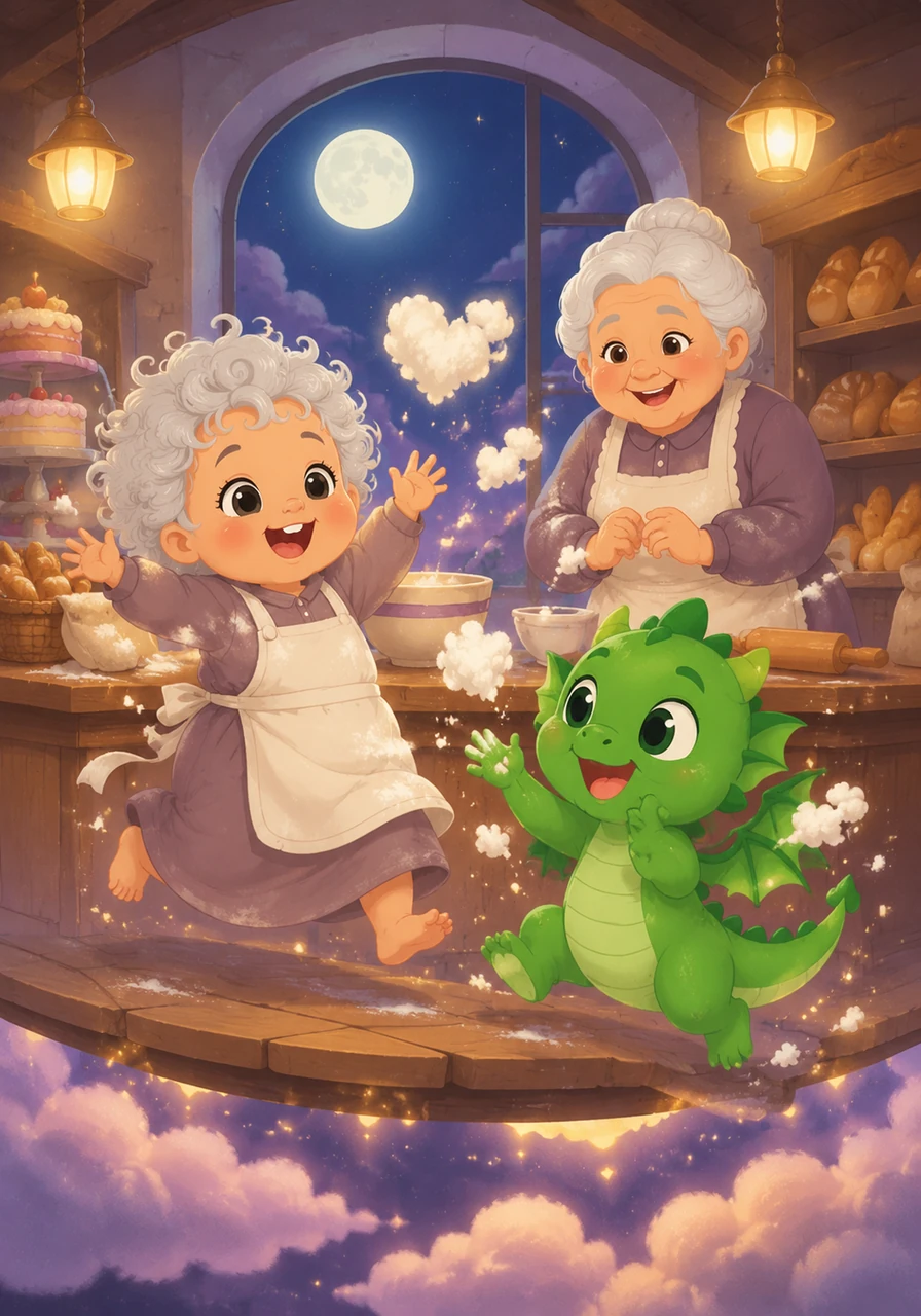Now, the baby dragon is a permanent helper at the bakery, chasing flour clouds and playing with Pip. Under the bright moon, the whole bakery floats an inch off the ground while the best of friends laugh together.