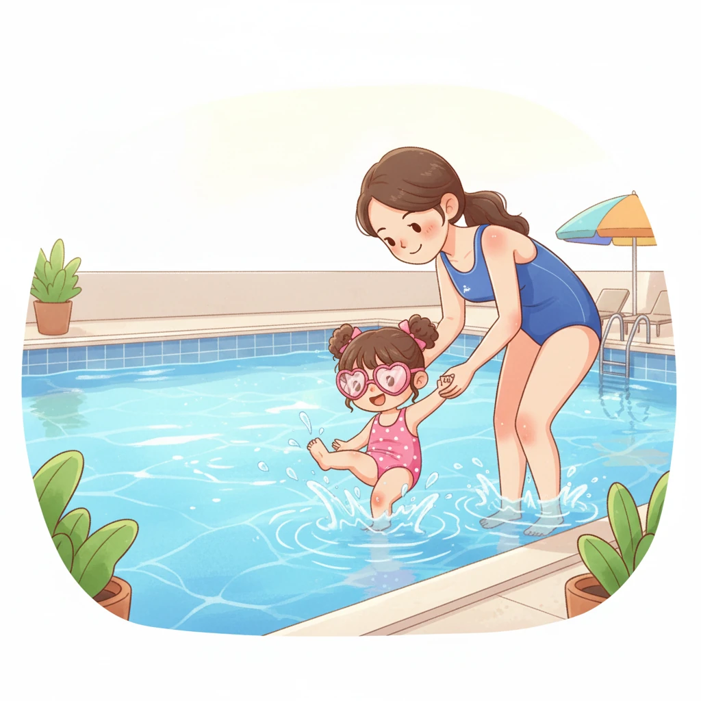 妈妈开始示范自由泳的腿部动作。她趴在池边,双腿轻轻打水,水花像小喷泉一样欢快地跳跃。小莉学着妈妈的样子,小腿也跟着有节奏地上下摆动,溅起了一朵朵小水花,她觉得这很有趣。