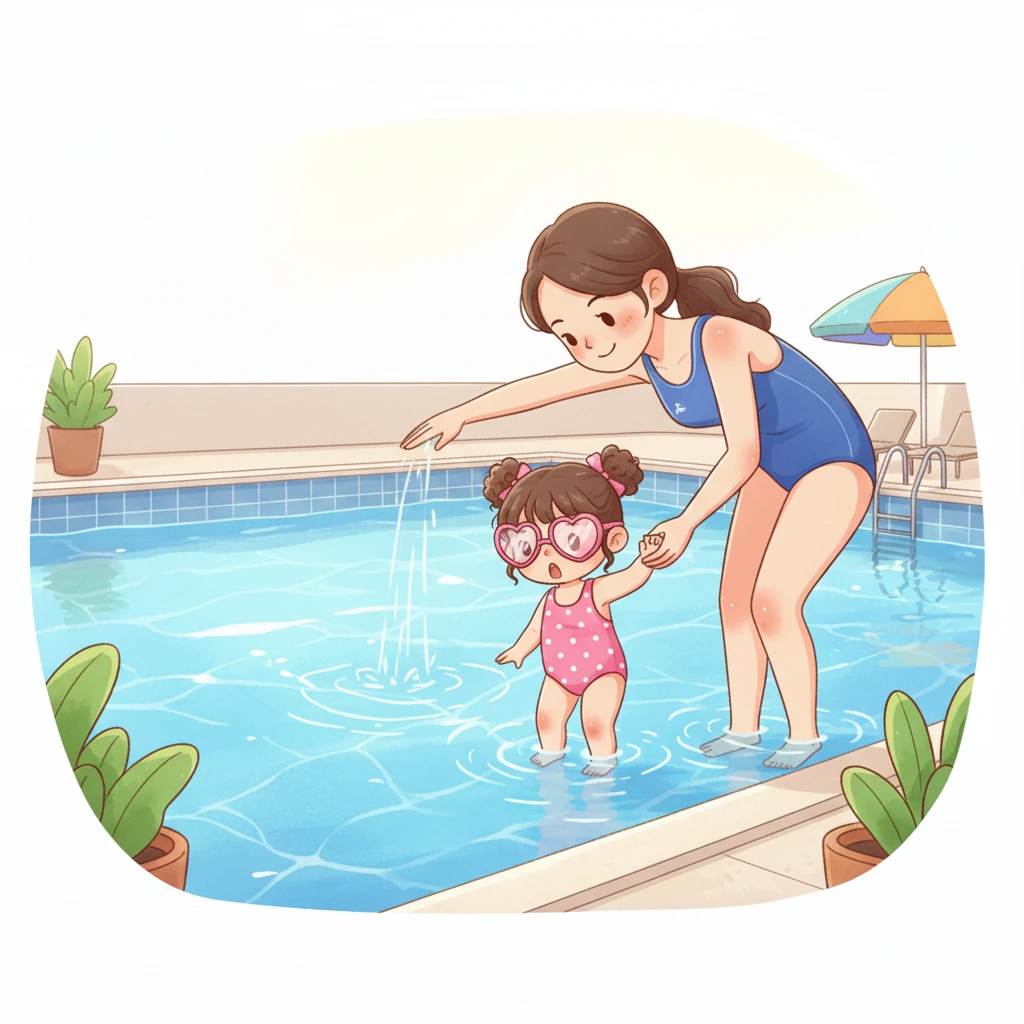 接着,妈妈教小莉手臂划水的动作。她站在水中,手臂像风车一样,一前一后地划动,手掌轻轻推水。小莉伸出小手,模仿着妈妈的动作,虽然有点笨拙,但她非常认真,眼睛里充满了求知欲。