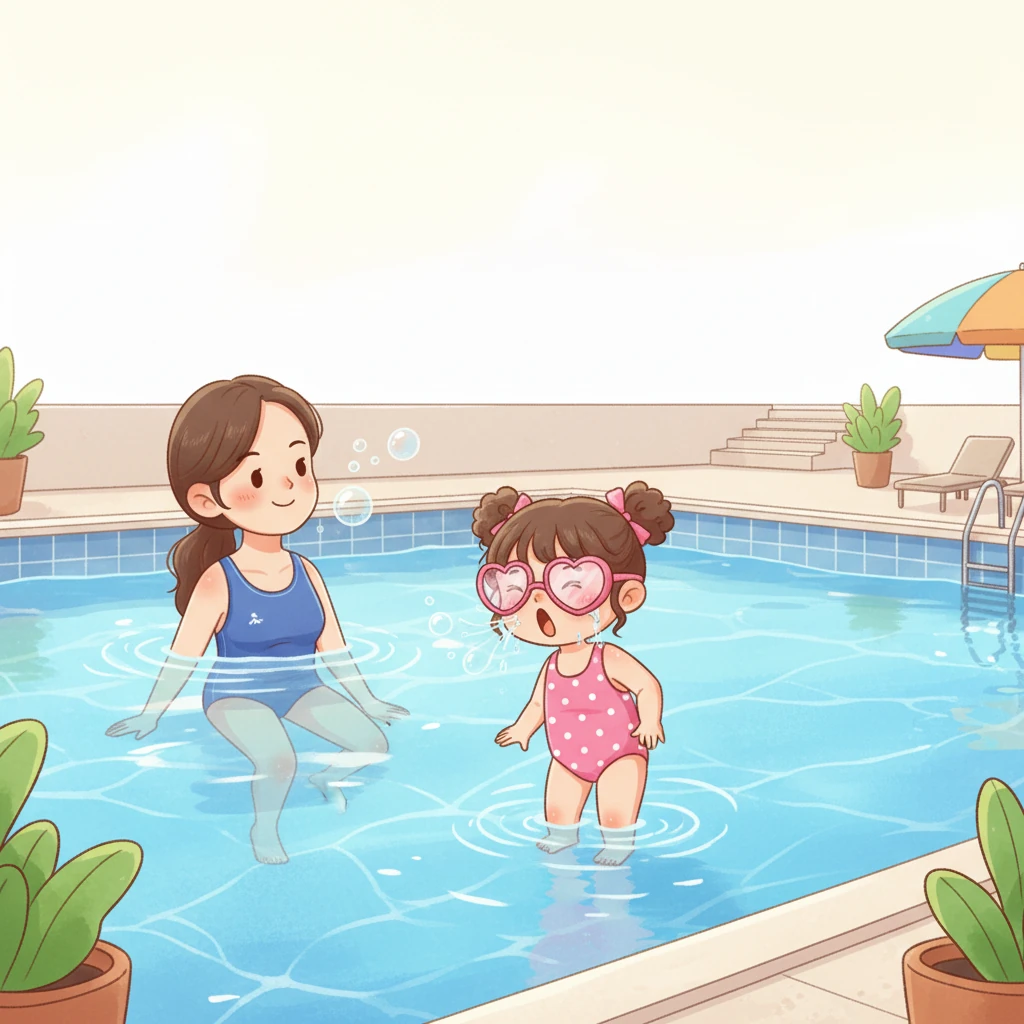 现在是换气环节。妈妈漂浮在水面上,头部随着划水动作自然地转向一侧,嘴巴轻轻露出水面吸气,然后又潜入水中吐泡泡。小莉鼓起勇气,深吸一口气,小脑袋也努力地转向旁边,成功吸到了一口气,她高兴地笑了。