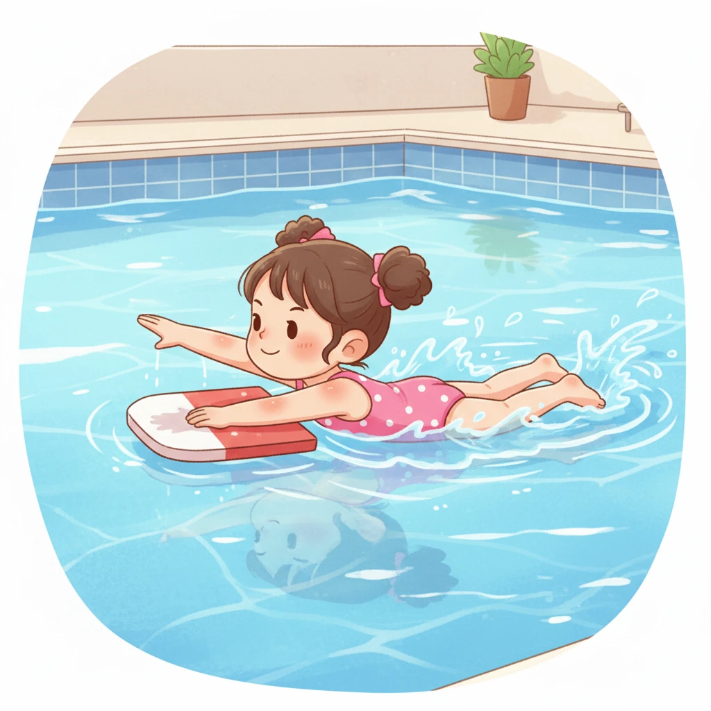 经过妈妈耐心的指导,小莉终于可以尝试完整的自由泳动作了。她趴在浮板上,手脚配合着划水和打水,身体在水中向前滑动。虽然速度不快,但小莉已经能感受到自由泳的魅力,她的小脸上洋溢着自信和快乐。