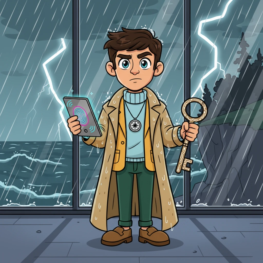The Glass House stood defiantly against the raging Nor'easter, its floor-to-ceiling windows illuminated by flashes of lightning. Rain lashed violently, creating a dramatic, watery curtain around the isolated cliffside manor. Inside, Detective Elias Thorne, his trench coat heavy with water, felt the weight of the storm mirroring the grim task ahead.
