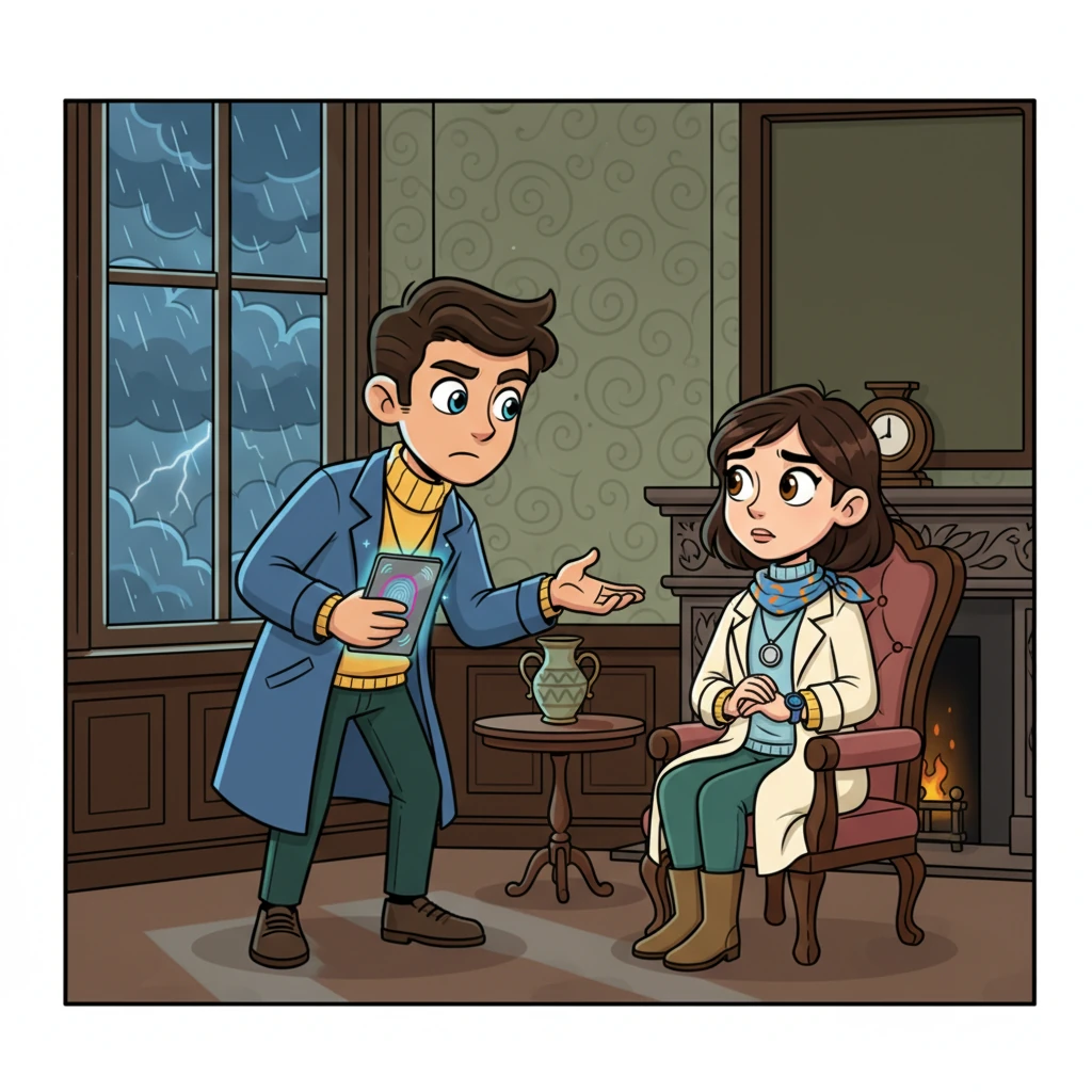 In the grand parlor, Elias interrogated Sarah, her elegant posture barely concealing her distress. He pressed gently about her relationship with Julian, noticing how her gaze flickered towards the stormy windows when he mentioned marital discord. Her secret, a planned escape from her husband, was almost palpable in the tense silence.