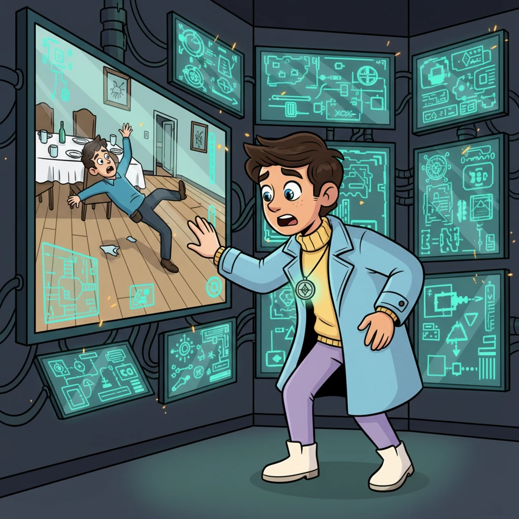 Suddenly, on one of the screens, another guest, perhaps Arthur, collapsed in the dining room, seemingly struck down by an invisible force. Elias watched in horror as the house's smart systems seemed to flicker and surge, the very environment turning hostile, proving the killer was indeed using the manor as a weapon.