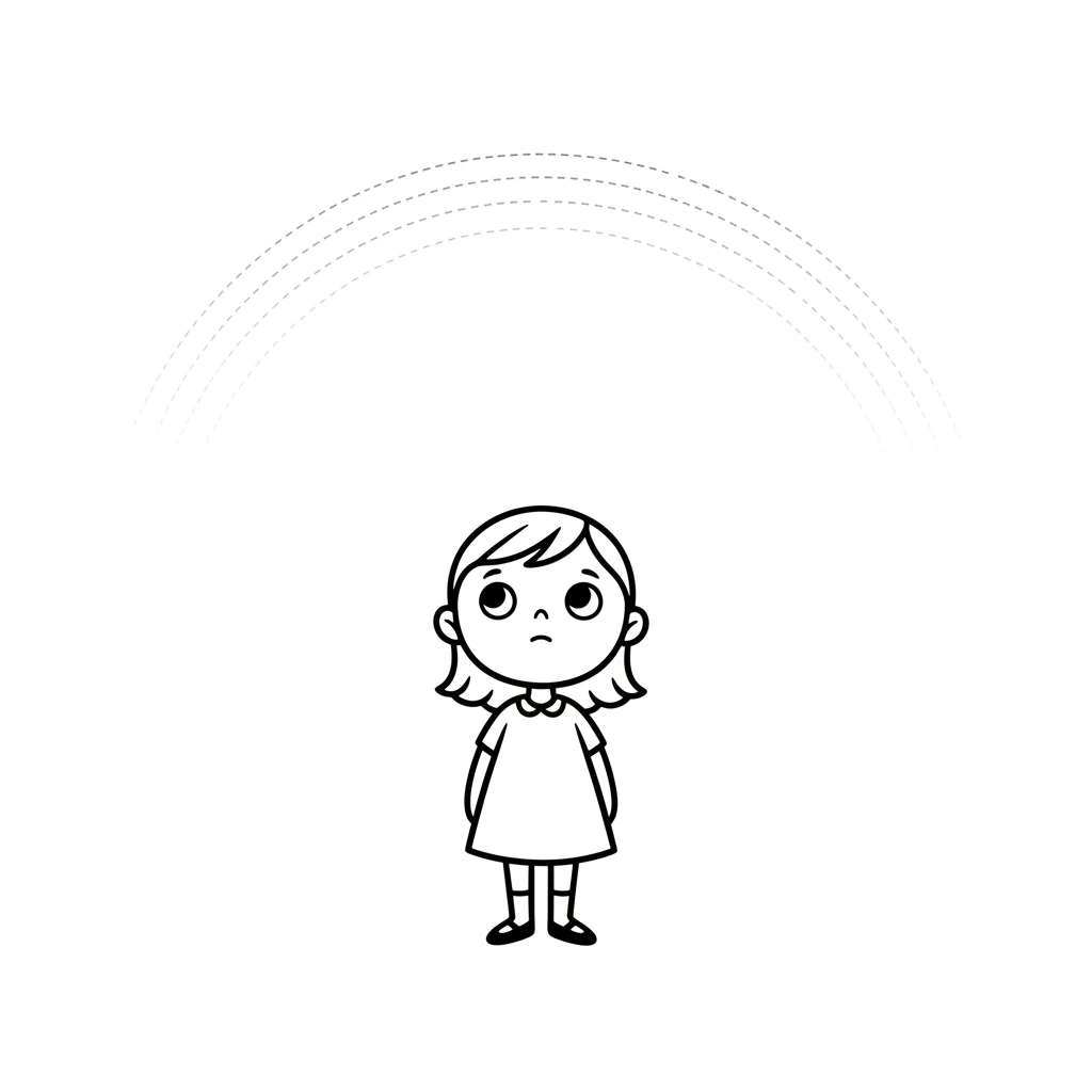 Lumi looked up at the sky. A rainbow stretched across, but it was very, very faint. Its beautiful colors had almost disappeared. Lumi felt a little sad for the quiet rainbow.