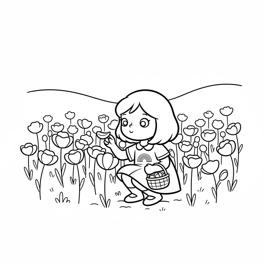 First, Lumi found a bright red poppy swaying gently in a field. "Hello, Red!" she whispered, carefully picking one petal. She put the tiny red petal into her little basket.