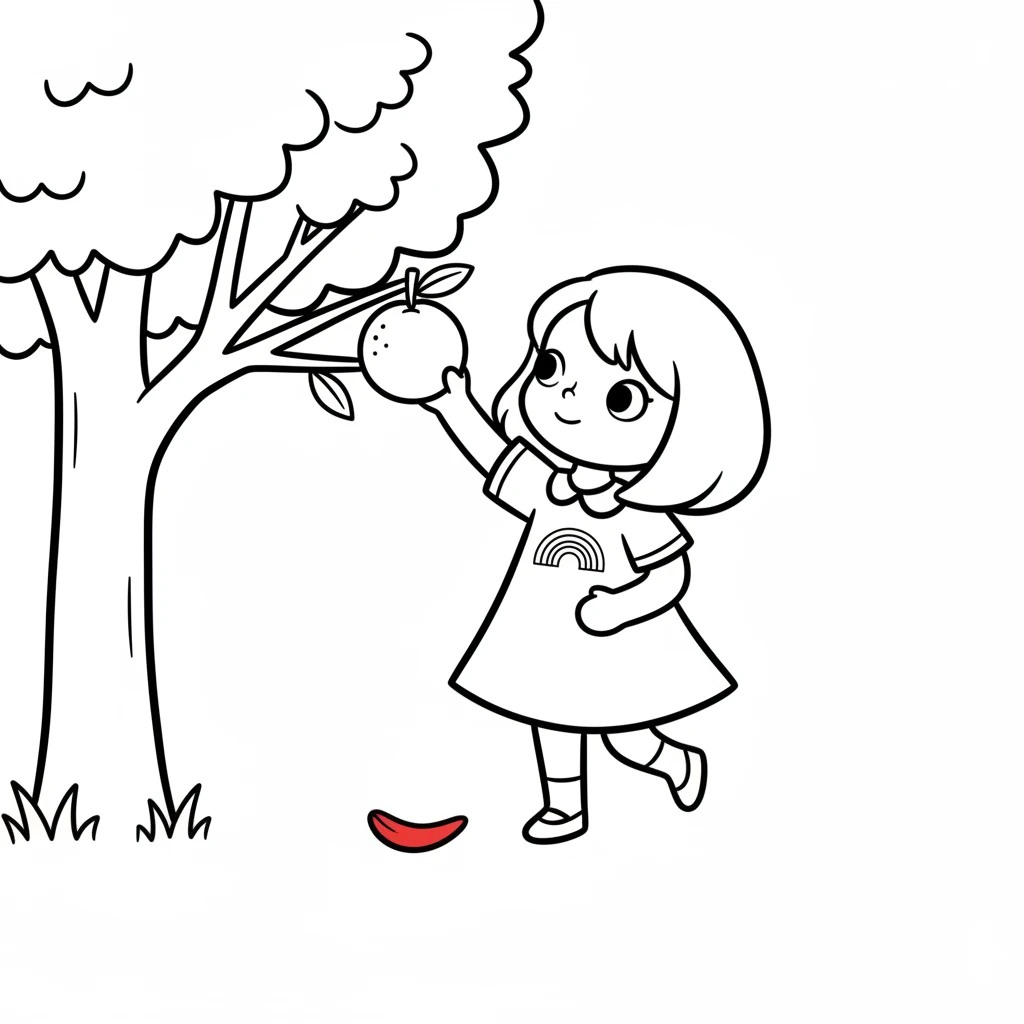Next, she spotted a juicy orange growing on a low branch. It looked so round and happy! Lumi carefully plucked the orange, feeling its smooth skin. She placed it next to the red petal.