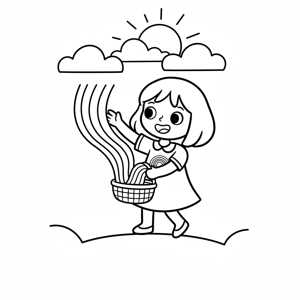 Higher up, the sun peeked through the clouds, sending down a bright yellow beam. Lumi giggled as she caught a piece of its warmth. She carefully folded the sunny yellow light into her basket.