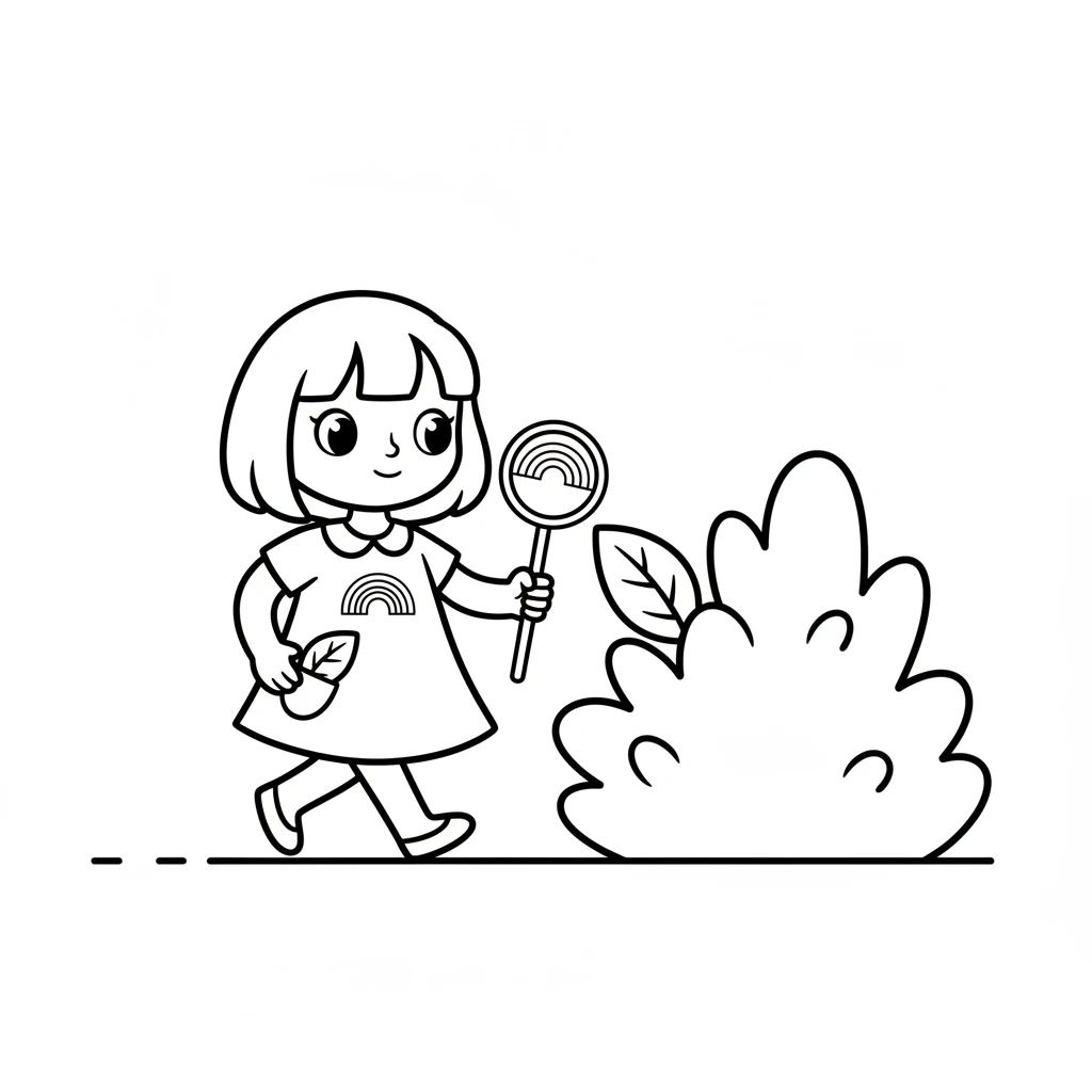 Soon, Lumi walked past a bush with wide, green leaves. They smelled so fresh and lively! She gently took one perfect green leaf and tucked it safely away.