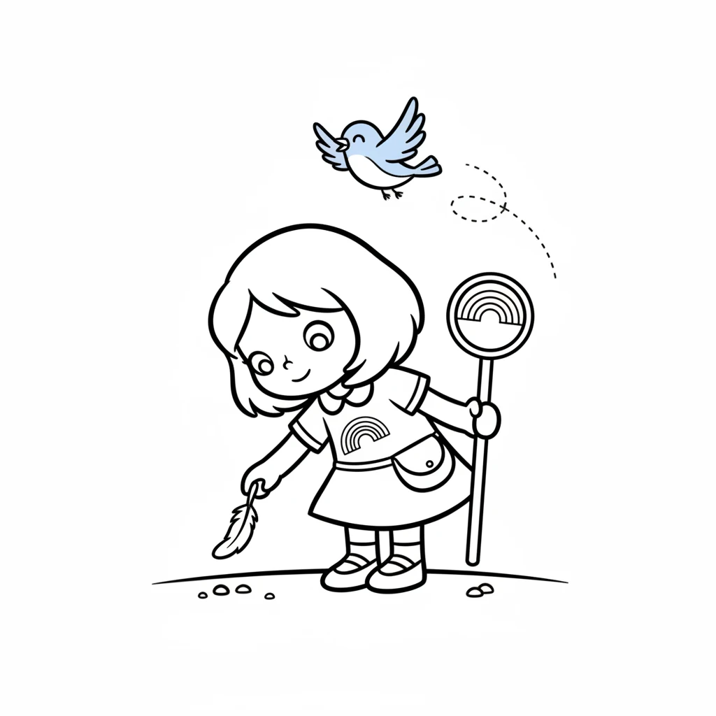 A tiny blue feather drifted down from the sky. It belonged to a happy bluebird that flew overhead. Lumi carefully picked up the soft feather, adding it to her collection.