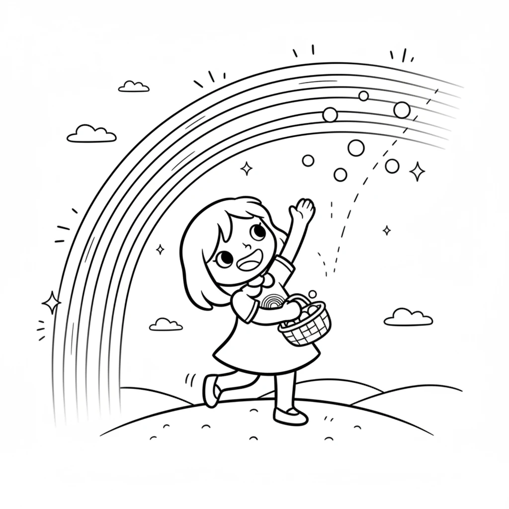 Lumi raced back to where the faded rainbow waited. She opened her basket and gently tossed all the collected colors into the sky. Whoosh! The rainbow glowed, vibrant and brilliant once more, filling the world with joy.