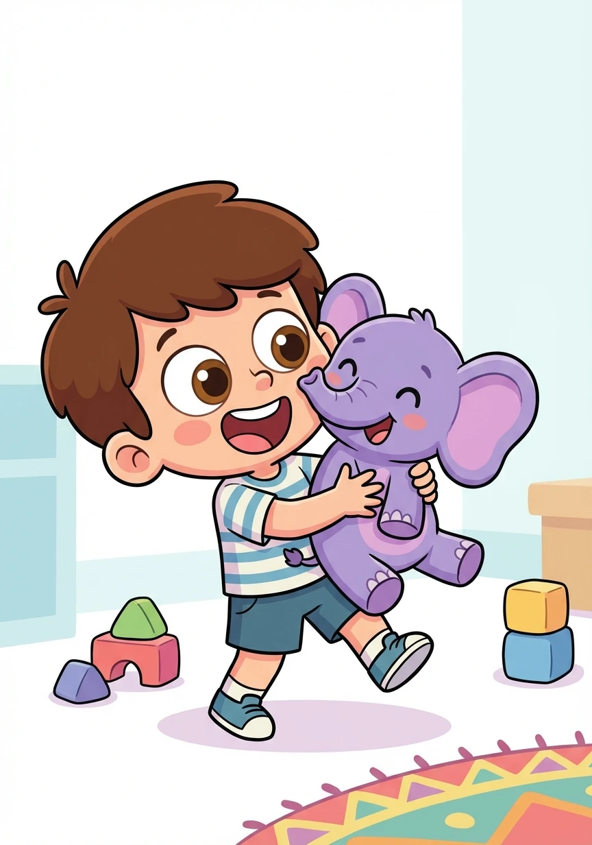 Patrick, a curious boy with bright eyes and a mop of brown hair, loved playing with his squeaky toy, Poppy Squeppi. Poppy was a little purple elephant with big, floppy ears and a cheerful smile.