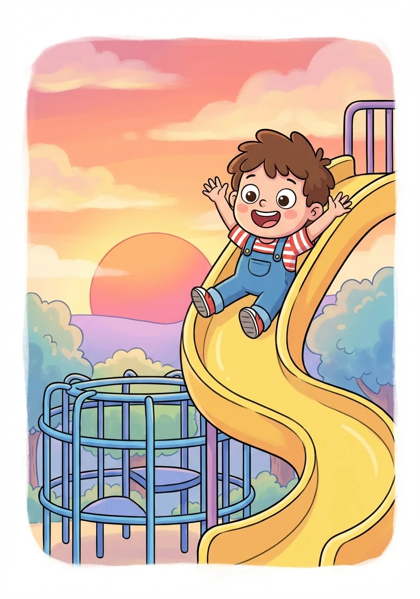 They spent hours playing, laughing as they climbed the jungle gym and zoomed down the slide. The sun began to dip below the horizon, painting the sky in hues of orange and pink.