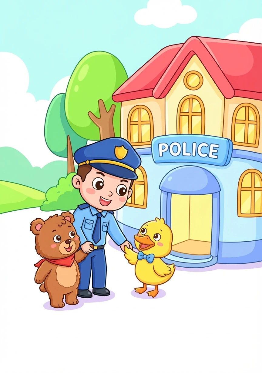 The policeman smiled kindly and offered to help. He took Patrick and Poppy to the police station, a warm and brightly lit building.