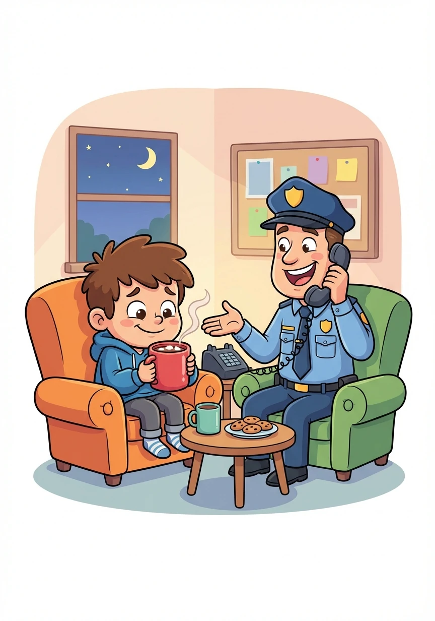 At the station, they sat on comfy chairs and drank warm cocoa. The policeman contacted Patrick's parents, who were very relieved to hear he was safe.