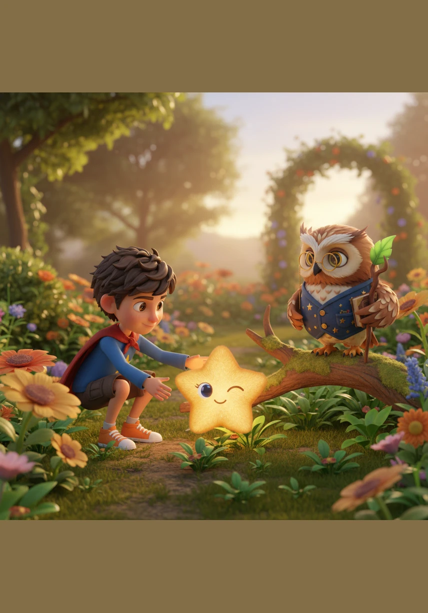 Mateo caminaba por su jardín cuando encontró algo brillante escondido entre las flores. Era una pequeña estrella que se había caído del cielo y parpadeaba con mucha debilidad.