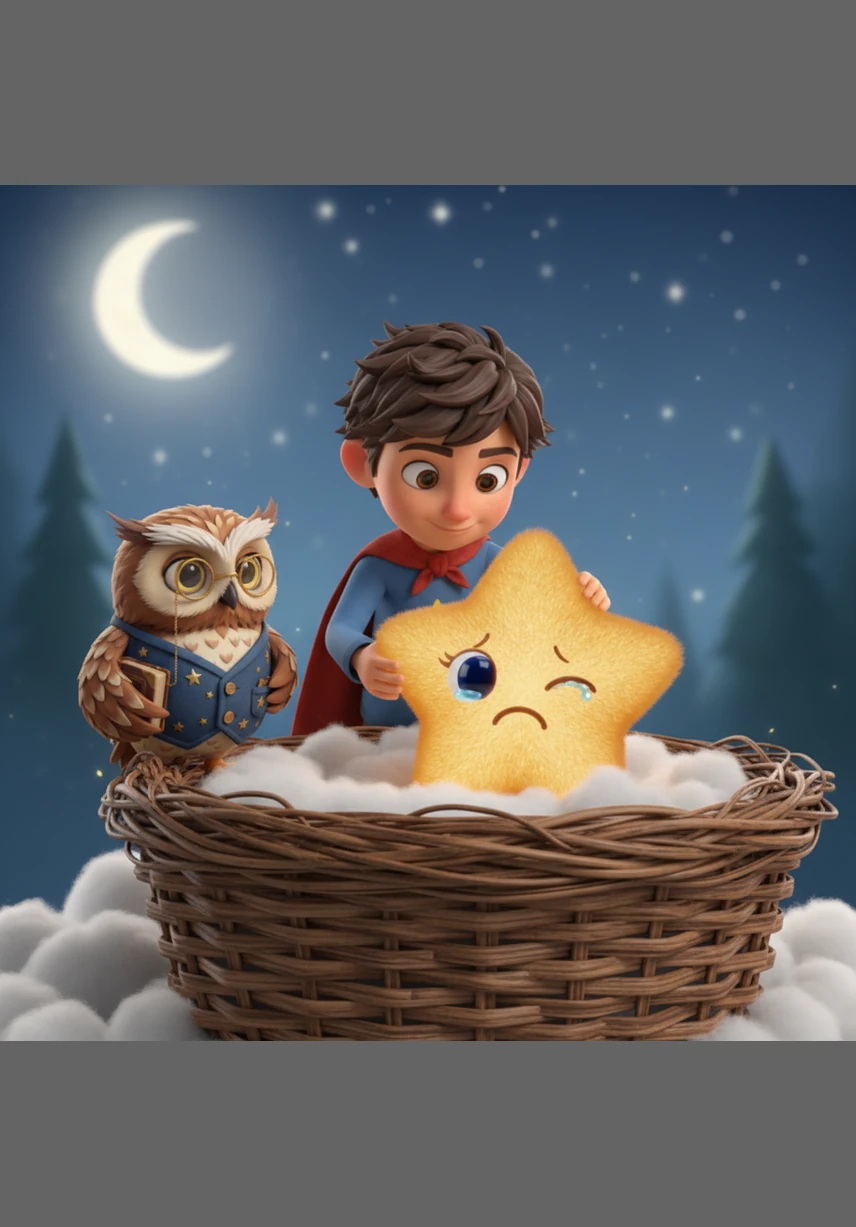 Con mucho cuidado, Mateo la puso en un nido de algodón para que estuviera cómoda. La estrella estaba triste porque extrañaba a sus hermanas en el firmamento nocturno.