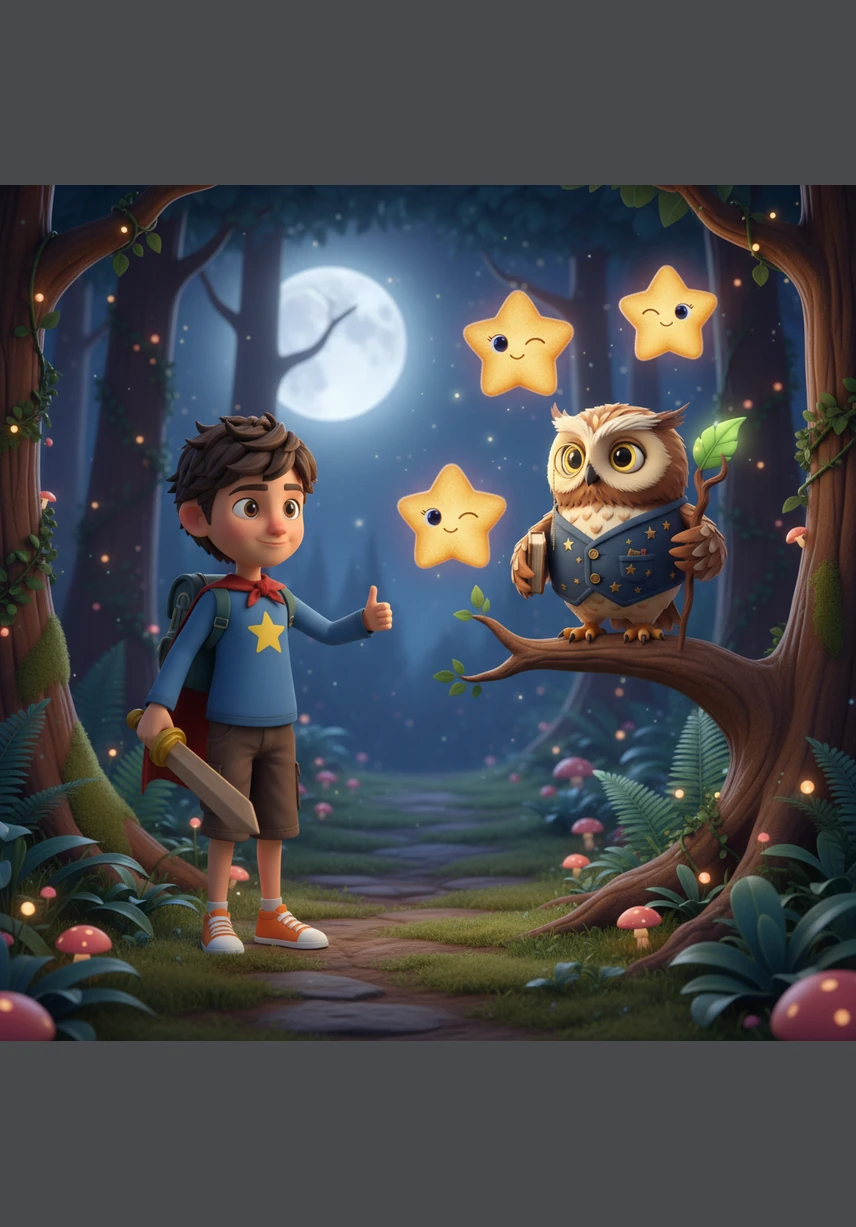 Entraron en el Bosque de los Susurros, donde los árboles eran gigantes y las flores brillaban con luz propia. La estrella empezó a brillar un poquito más fuerte al sentir la emoción de la aventura.